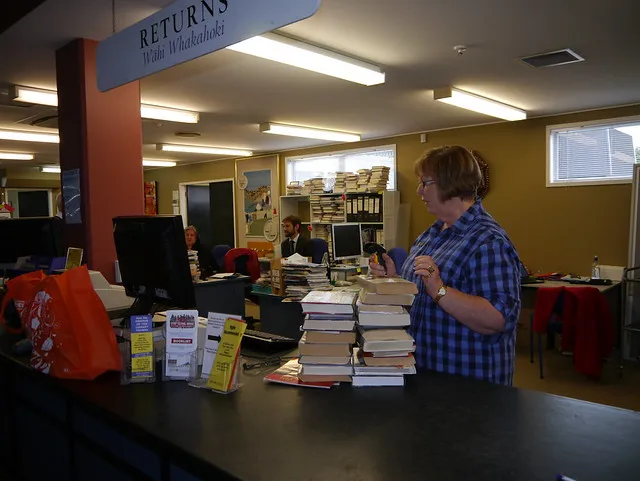 Processing returned books, Thames Library