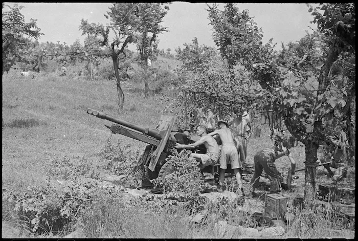 One of the guns of 29 Battery of 6 NZ Field Regiment in position in Sora area, Italy, World War II - Photograph taken by George Kaye