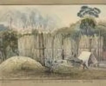 Image: The pah at Ruapekapeka in flames, from the 32 Pr. Stockade, Jany. 12th, 1846 [picture] /