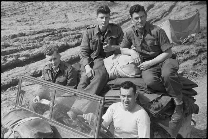 NZ infantrymen in a jeep during rest break behind the lines on the Cassino Front, Italy, World War II - Photograph taken by George Kaye