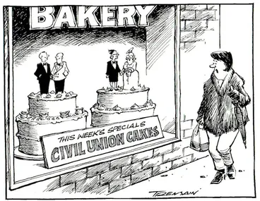 Image: Tremain, Garrick 1941- :This week's specials...Civil Union cakes. Otago Daily Times, 22 June 2004.