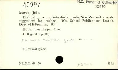 Decimal currency; introduction into New Zealand schools; suggestions for teachers