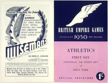 Image: British Empire Games, Auckland, New Zealand, 1950 :Athletics, first day. Saturday, 4th February at Eden Park. Official programme. 1950. [Front and back covers].