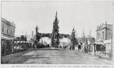 Image: Gladstone Road looking towards the decorated fire bell archway for the opening of the Gisborne-Auckland railway, 26 June 1902