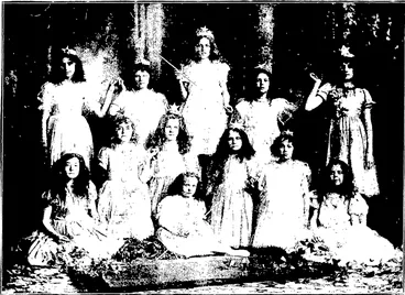 Image: THE FAIRIES" AT THE RECENT BAZAAR IN ST. MARK'S SCHOOLROOM, WELLINGTON. _Hardu Shaw, Photo. (New Zealand Free Lance, 01 November 1902)