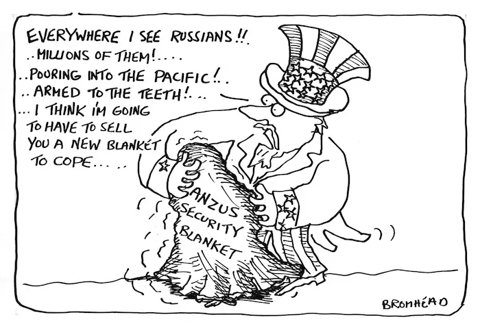 Bromhead, Peter, 1933- :ANZUS Security Blanket, Auckland Star, 9 November 1982.