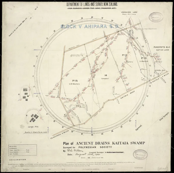 Wilson, D.M., fl 1921 :Plan of ancient drains Kaitaia swamp [ms map]. Surveyed for Polynesian Society by D.M. Wilson, Licensed Surveyor, August 18th, 1921.
