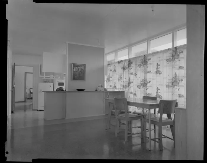 Dining room interior, Shuker house, Titahi Bay, Porirua