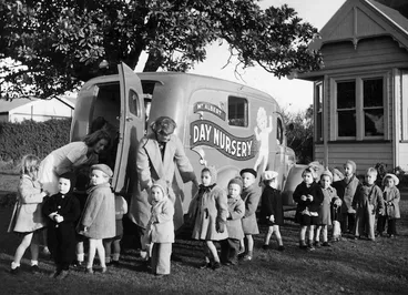 Image: Staff of the Mt Albert Day Nursery guiding children into the Nursery vehicle