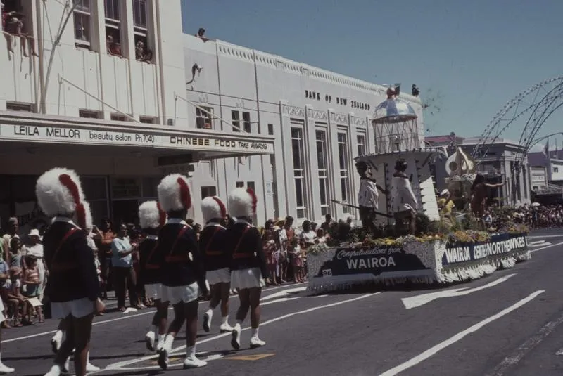 Napier Centennial parade, marching girls and the Wairoa float