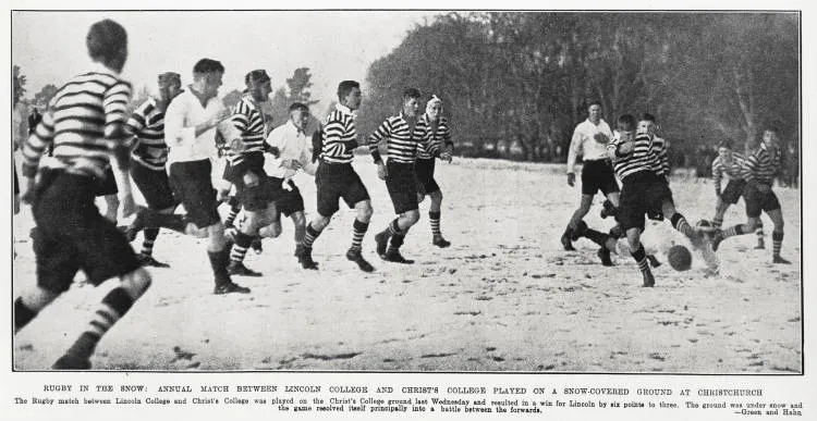 Rugby in the snow: annual match between Lincoln College and Christ's College played on a snow-covered ground at Christchurch