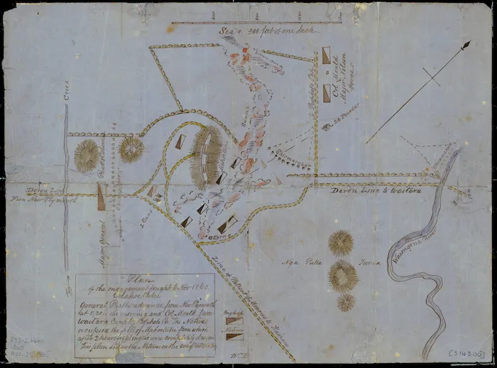 [Creator unknown] :Plan of the engagement fought 6 Nov. 1860 Mahoetahi [ms map]. General Pratt's advance from New Plymouth at 8.30 in the morning and Col. Mould from Waitara Camp by Prophets Pa. The Natives occupied the hill of Mahoetahi from which after 2 hours fighting they were completely driven. This plan shows the Natives on the eve of retreating, [1860]