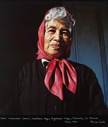 Image: Neta Wharehoka (Waru), Waiotama hapū, Ngatirahiti hapū, Taranaki, Te Ātiawa. From the portfolio: Ngā Whaea o Te Moana - Taranaki 1982. (Guardians of the Taranaki coast).