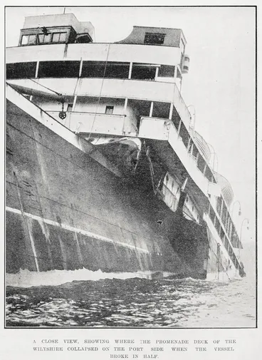 Image: A close view, showing where the promenade deck of the Wiltshire collapsed on the port side when the vessel broke in half
