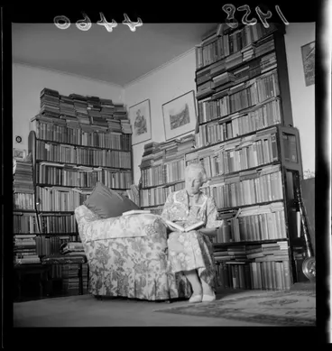 Image: Mrs V Markham-Jones, reading in a private library, Wellington