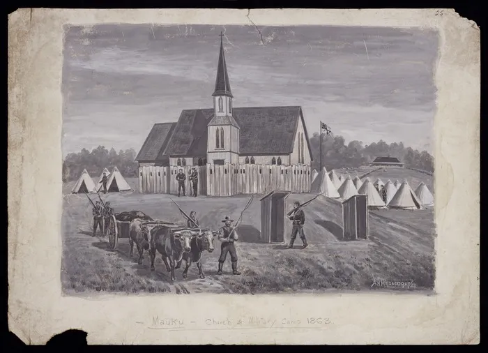 Messenger, Arthur Herbert, 1877-1962 :Mauku - Church and military camp, 1863. 1922