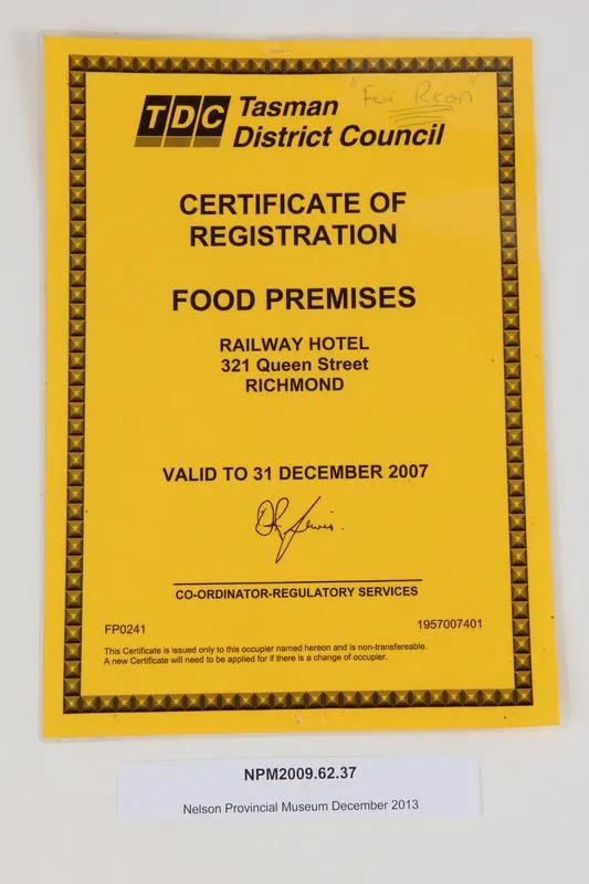 Certificate of registration : food premises, Railway Hotel, 321 Queen Street, Richmond : valid to 31 December 2007.