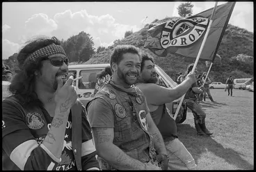 Image: Auckland Black Power members Jason, Bart and Jumbo at Macalister Park, Wellington - Photograph taken by Ross Giblin