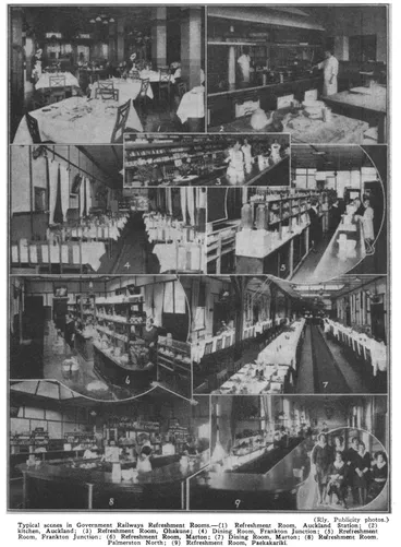 (Rly.Publicity Photos.) — Typical seenes in Government Railways Refreshment Rooms.—(1) Refreshment Room, Auckland Station; (2) kitchen, Auckland; (3) Refreshment Room, Ohakune; (4) Dining Room, Frankton Junction; (5) Rrefreshment Room, Frankton Junctio... Image: (Rly.Publicity Photos.) — Typical seenes in Government Railways Refreshment Rooms.—(1) Refreshment Room, Auckland Station; (2) kitchen, Auckland; (3) Refreshment Room, Ohakune; (4) Dining Room, Frankton Junction; (5) Rrefreshment Room, Frankton Junctio...