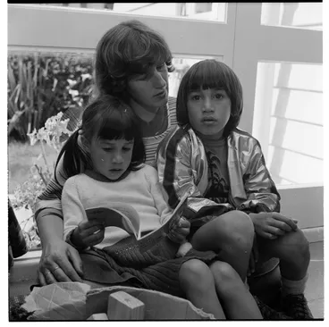 Image: Two children at an unidentified location, possibly a school in the Wellington Region
