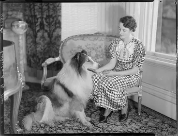 Image: Jean Sutherland seated with collie at Homewood, Karori, Wellington