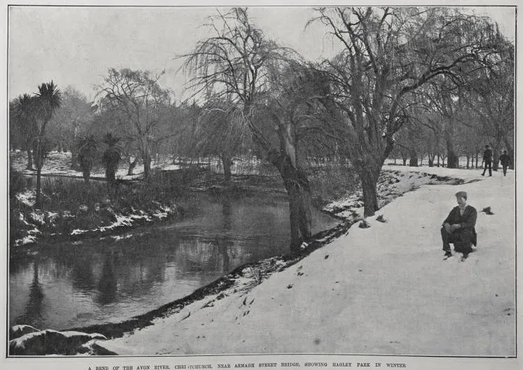 A BEND OF THE AVON RIVER, CHRISTCHURCH, NEAR ARMAGH STREET BRIDGE, SHOWING HAGLEY PARK IN WINTER